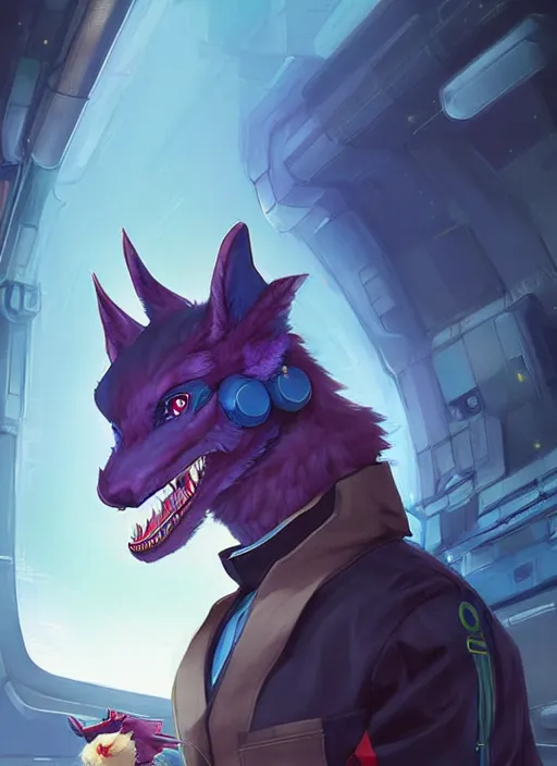 Prompt: beautiful portrait of a male furry anthro blueberry dragon fursona wearing kimono clothes in a cyberpunk spaceship hangar. character design by charlie bowater, ross tran, artgerm, and makoto shinkai, detailed, inked, western comic book art