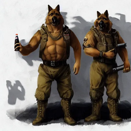 Image similar to two humanoid german shepherds beast - men in military style, they holding a beer, artstation, concept art, smooth, sharp foccus ilustration, artstation