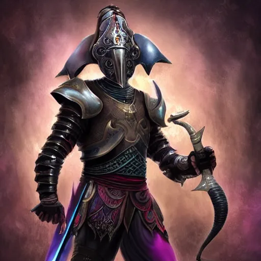 Prompt: athletic man with elephant head wearing leather armor wielding a purple sword, fantasy art, space in background, dim lighting