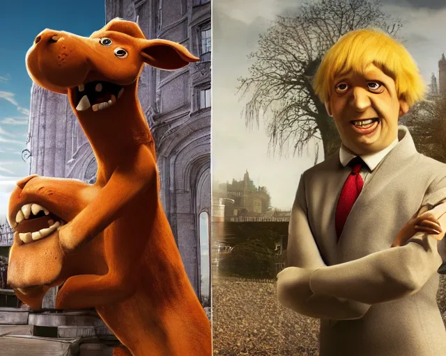 Image similar to boris johnson as scooby doo, character art, by various concept artists, redshift render, hyperrealistic face, photorealistic render