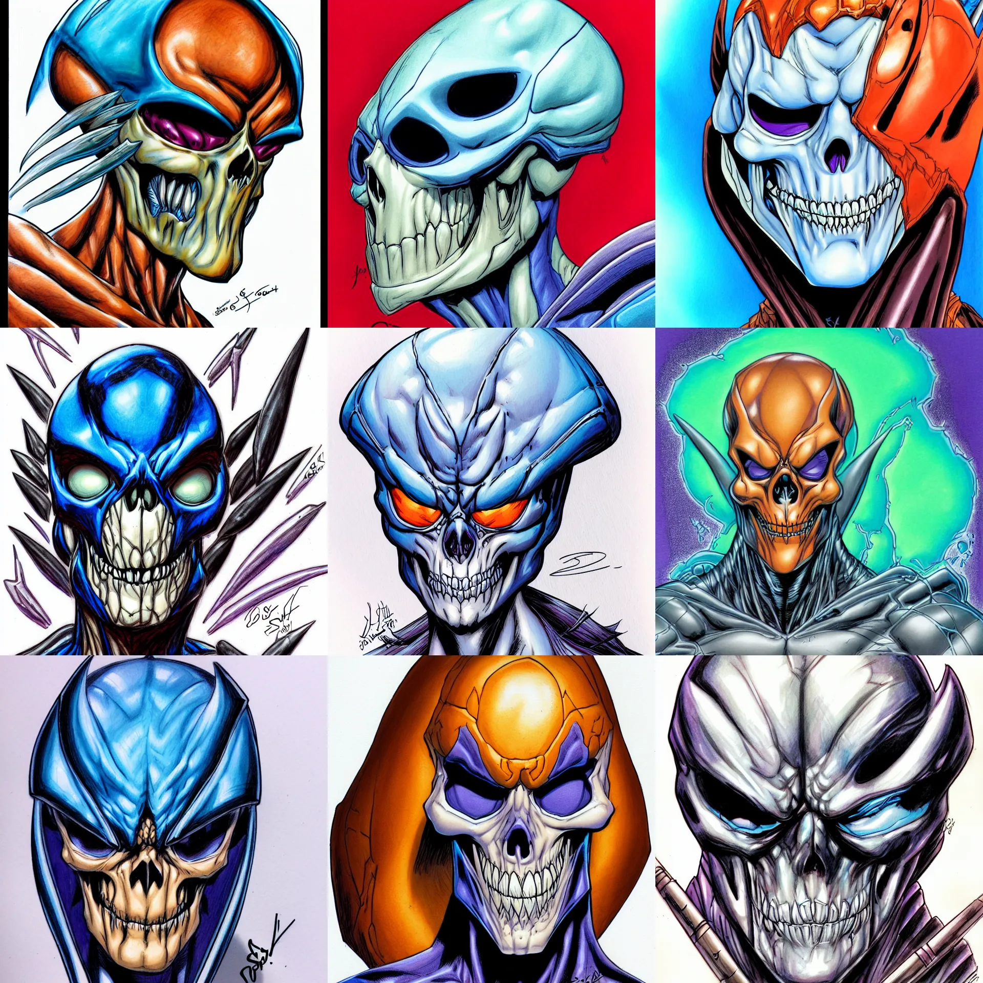 Prompt: macro head shot centered j scott campbell!!! ink colored airbrushed gouache sketch by j scott campbell centered symmetrical headshot of skeletor in the style ofj scott campbell