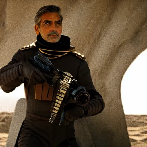 Image similar to george clooney in dune, directed by denis villeneuve, cinestar colour, anamorphic
