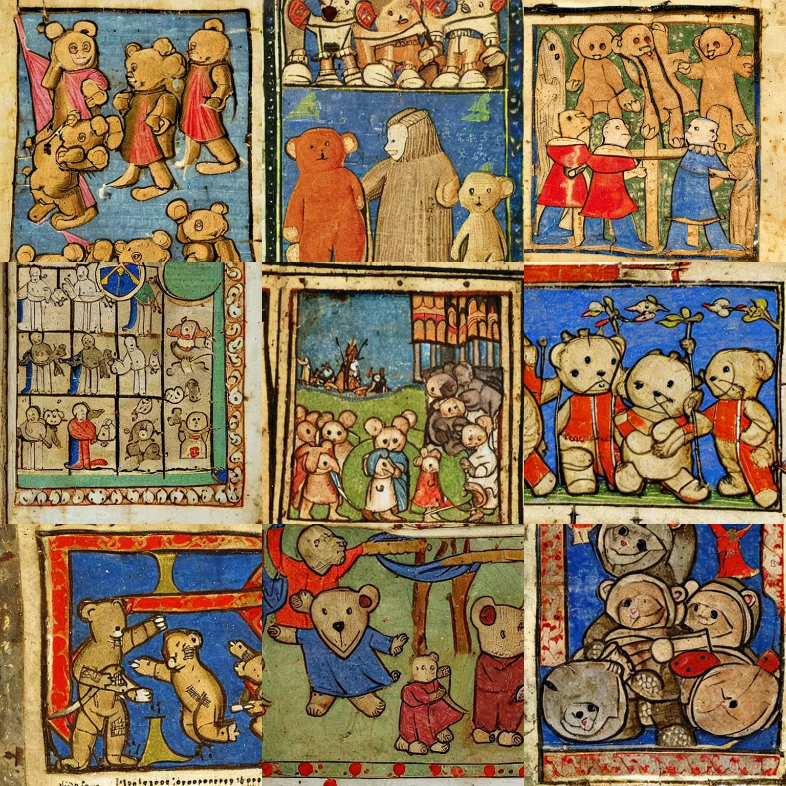 Prompt: medieval manuscript depicting the invasion of the teddy bears