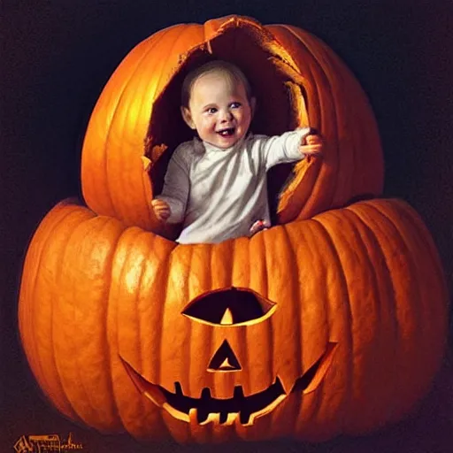 Prompt: a cute happy baby sitting inside a pumpkin. beautiful cute highly detailed face. halloween themed painting by artgerm and greg rutkowski.