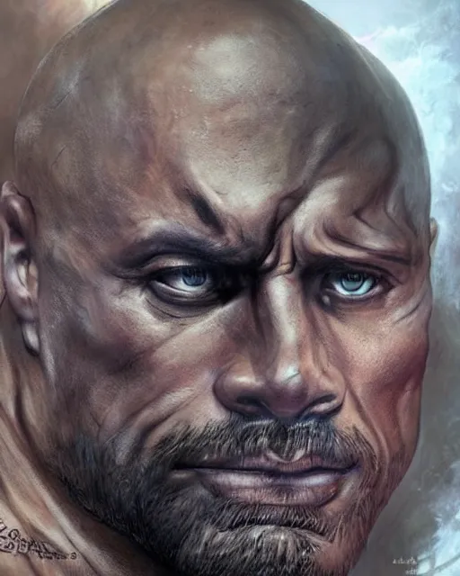 Image similar to close up shot of dwayne johnson, dnd, high fantasy. royo, artgem, wlop