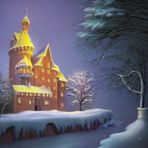 Image similar to luxury castle ,inspired by Evgeny Lushpin,winter,nighttime,cinematic,art station