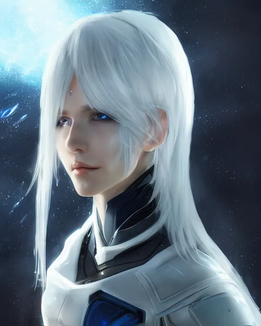 Image similar to perfect white haired girl, warframe armor, beautiful, dreamy, half asian, pretty face, blue eyes, detailed, windy weather, scifi platform, laboratory, experiment, 4 k, ultra realistic, epic lighting, cinematic, high detail, masterpiece, art by akihito tsukushi, akasuki voidstar