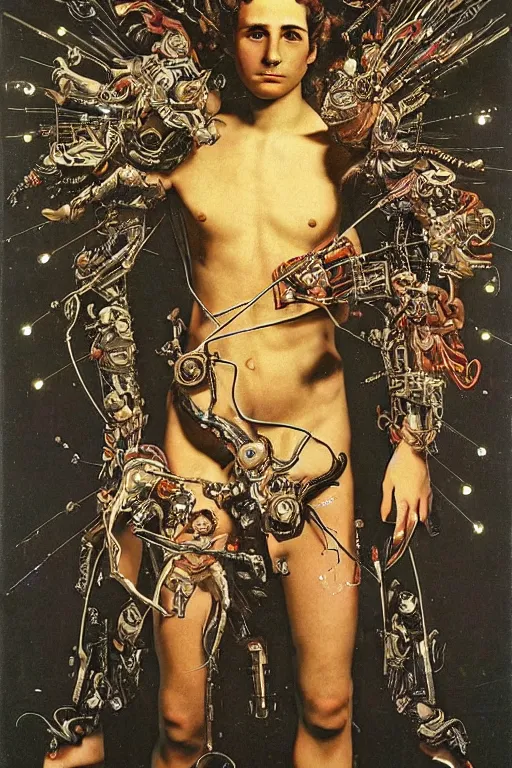 Prompt: full-body bladerunner style sculpture of a young handsome Portuguese prince as a half cibernetic android with a chest opening exposing circuitry and electric sparks, glowing laser beam eyes, crown of giant diamonds, flowing neon-colored silk, fabric, raptors. baroque elements. full-length view. baroque element. intricate artwork by caravaggio. many many birds birds on background. Trending on artstation, octane render, cinematic lighting from the right, hyper realism, octane render, 8k, depth of field, 3D