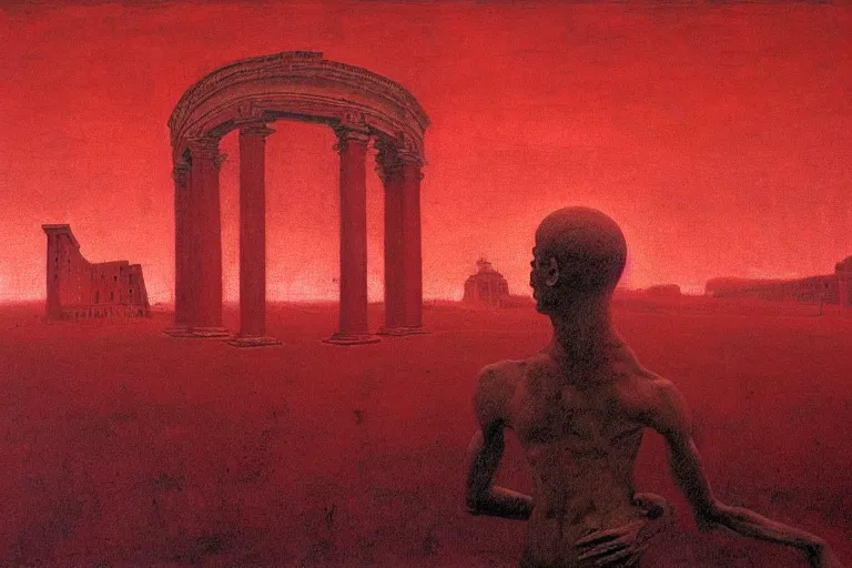 Prompt: only with red, caesar after win war, the deal, a red tiger, in hoc signo vinces, rome in background, an ancient path, in the style of beksinski, part by hopper, part by rodcenko, part by hofbauer, intricate composition, red by caravaggio, insanely quality, highly detailed, masterpiece, red light, artstation