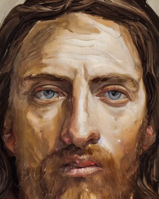 Image similar to a close up portrait of jesus, low angle, facing front, looking up, by Lucian Freud and Jenny Saville, oil painting, anatomically correct, beautiful perfect face, visible brushstrokes, sharp focus, Highly Detailed, Cinematic Lighting, 8k, HD