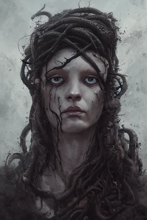 Prompt: A creepy portrait of medusa by Greg Rutkowski, Sung Choi, Mitchell Mohrhauser, Maciej Kuciara, Johnson Ting, Maxim Verehin, Peter Konig, Bloodborne , 8k photorealistic, cinematic lighting, HD, high details, dramatic, atmospheric , trending on artstation