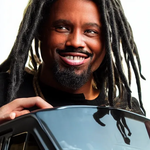 Image similar to black man action figure with dreads standing on top of a black rc pickup truck, close up photograph, white background
