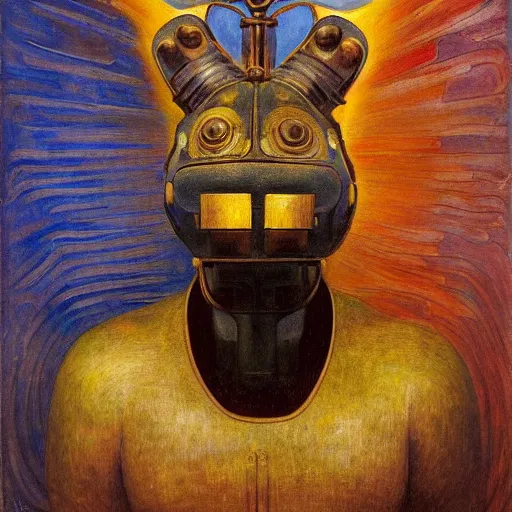 Image similar to masterpiece painting of a robot cat head, by annie swynnerton and diego rivera and nicholas roerich and jean delville, symbolist, dramatic lighting, god rays, elaborate geometric ornament, art brut, rich colors, smooth, sharp focus, extremely detailed, adolf wolfli and ( donato giancola )