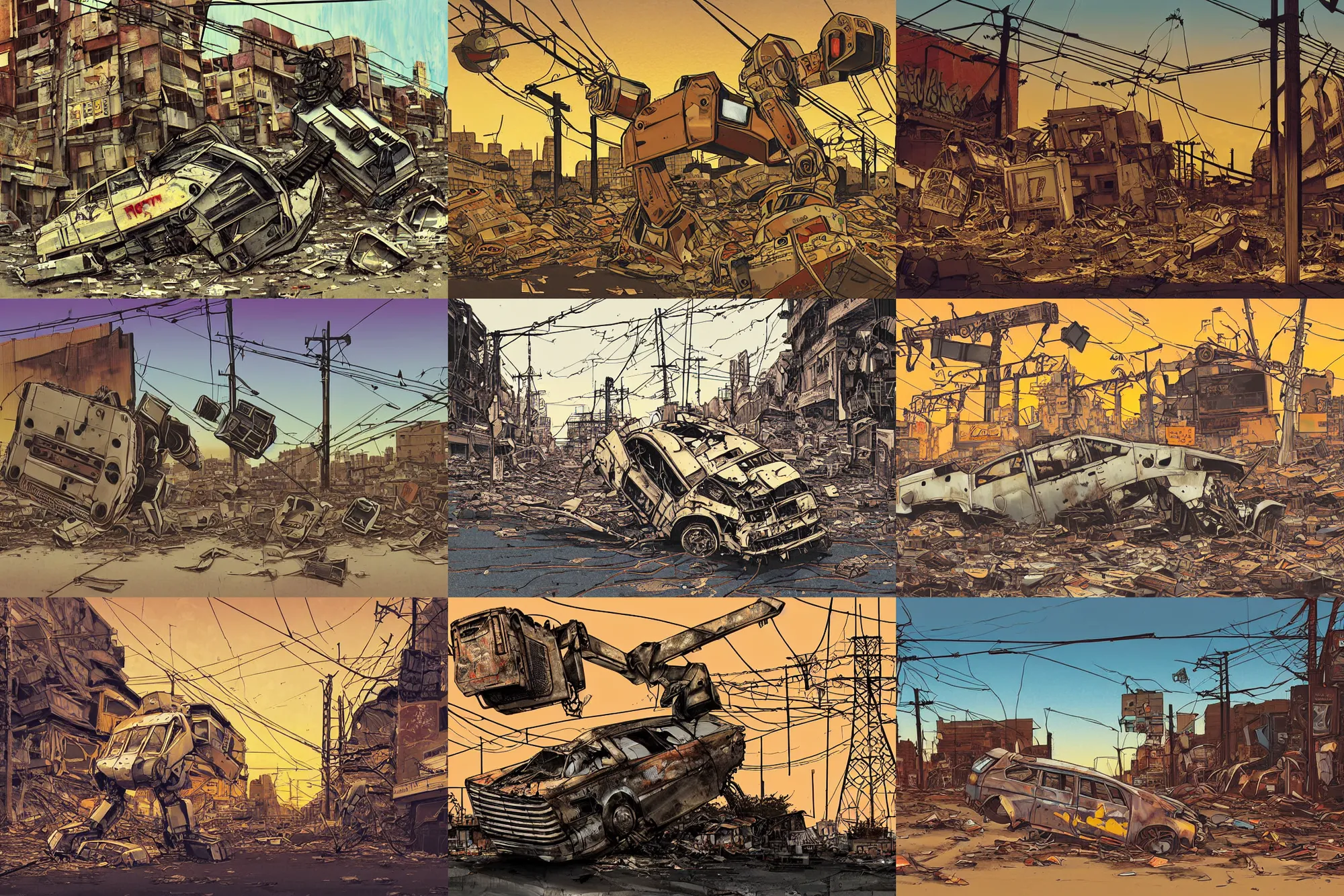 Prompt: artbook artwork, paper texture, movie scene, dead corpse rusty evangelion robot crashed in deserted dusty shinjuku junk town, tabgled overhead wires, telephone pole, old pawn shop, broken tv, harsh shadows, golden hour, dusty, pencil lines, pale yellow sky, bold graffiti