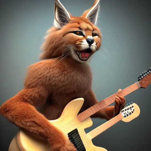 Image similar to cute fluffy caracal playing fluffy guitar, fully detailed, high quality , 4k , octane render , soft light , masterpiece