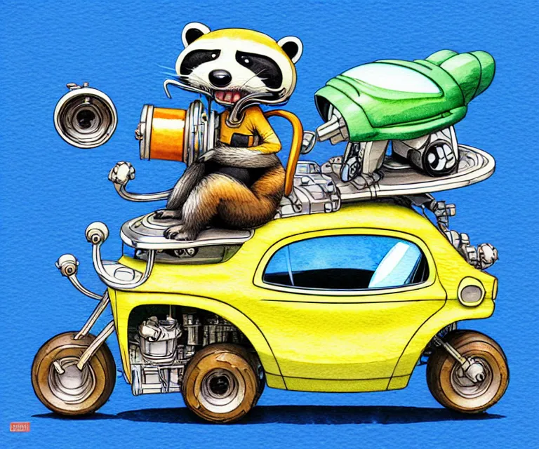 Image similar to cute and funny, racoon wearing a helmet riding in a tiny hot rod with oversized engine, ratfink style by ed roth, centered award winning watercolor pen illustration, isometric illustration by chihiro iwasaki, edited by range murata, tiny details by beeple, symmetrically isometrically centered
