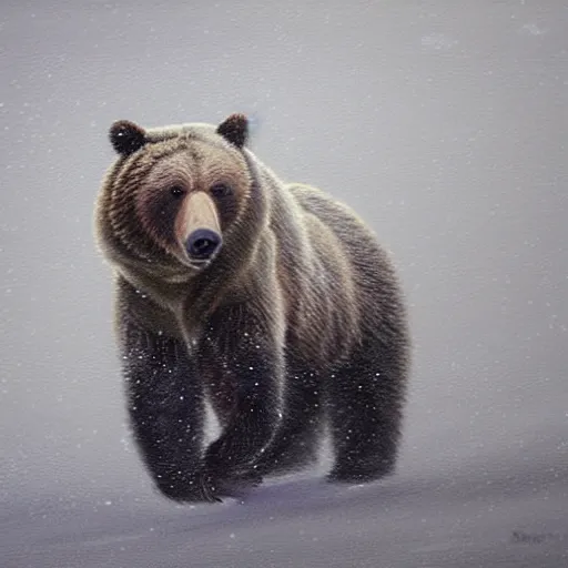 Image similar to grizzly bear in a snow storm, impressionism, artstation