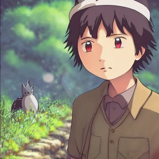 Prompt: friendly guy and small creature , with Fragile looking character portrait face made by Studio Ghibli highly detailed art, beautiful scene, sharp focus, smooth, 8k, anime art, wild, dark