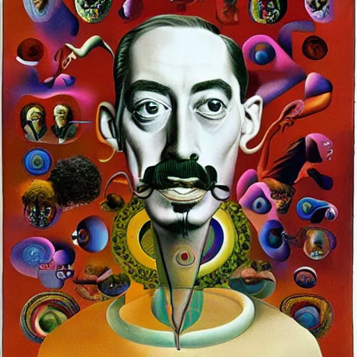 Prompt: a conference of psychedelic men & women scientists / professors / researchers in the style of salvador dali