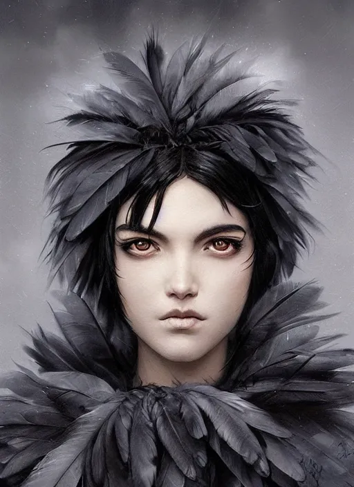 Image similar to a teenage fit girl with very short black hair and a huge cloak made of grey and black feathers. beautiful highly detailed face. beautiful painting by artgerm and greg rutkowski and raymond swanland, detailed portrait, closeup