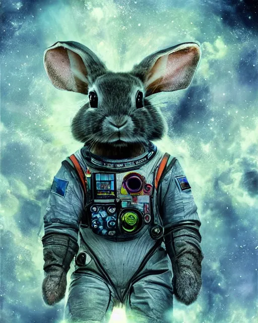 Image similar to portrait of a rabbit wearing a space suit after eating 3 mg of lsd dof hdr art by aleksi briclot and alexander'hollllow'fedosav and laura zalenga