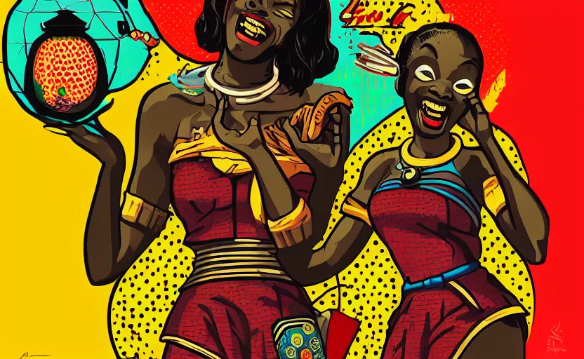 Image similar to mama africa laugh at her child!!! pop art, pixel, bioshock, gta chinatown, artgerm, richard hamilton, mimmo rottela, julian opie, aya takano, intricate, sharp focus, concept art, smooth