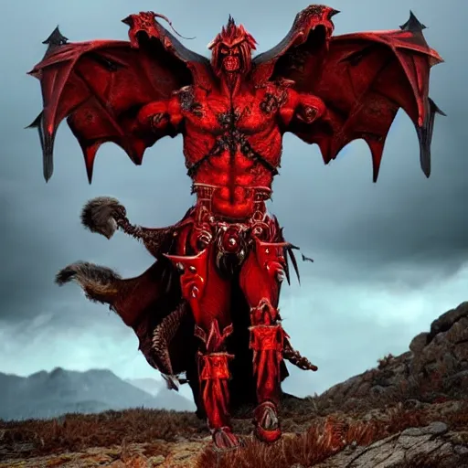 Prompt: am a man devil in armor made of iron and dragon bones, with hellish big beautiful red devil wings, height detailed body elements, against the background of mountains, ocean, battlefield