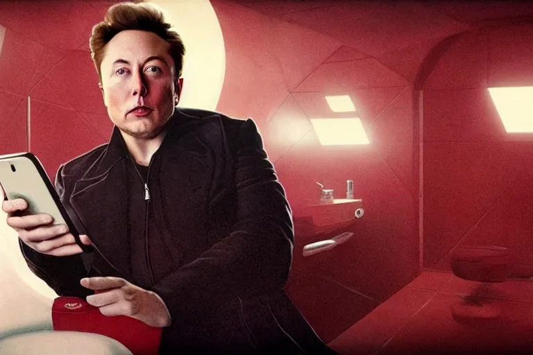 Image similar to hyperrealism aesthetic ridley scott and denis villeneuve style photography of a detailed giant elon musk, siting on a detailed ultra huge toilet and scrolling his smartphone in hyperrealism scene from detailed art house movie in style of alejandro jodorowsky and wes anderson