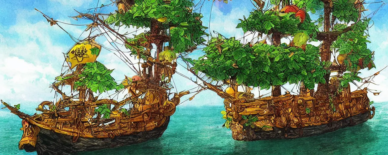 Prompt: A quaint pirate ship that has a green fruit tree in the middle of it, manga, bold complementary colours, 2D matte,