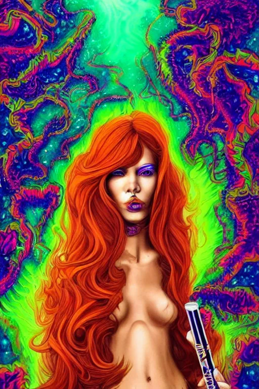 Image similar to a psychedelic detailed gorgeous acid trip painting of an extremely attractive superhero female character wearing a tight-fitting tan detective jacket, detective had on her head, beautiful [[[long red hair]]] in loose curls, slender woman, very curvy, noir, smoking a fancy long french cigarette, in the rain in the early evening, cinematic, dramatic lighting, full body view, cool pose, artwork by Artgerm and colors by Kenneth Rocafort, featured on artstation, cgsociety, behance hd