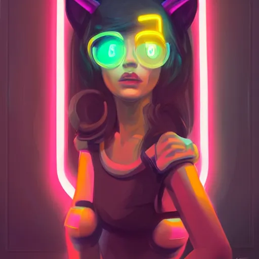 Image similar to portrait of a cute young woman with robot ears and eyes, 4k, sharp focus, neon colored fluorescent lighting, Andreas Rocha