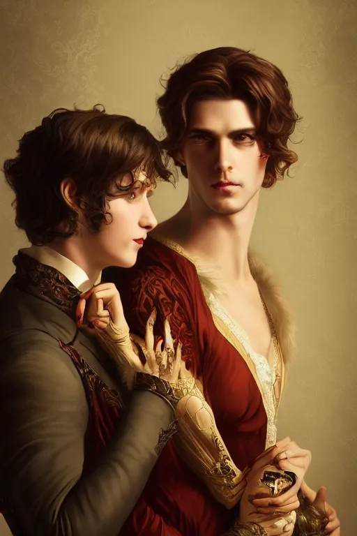 Image similar to a portrait of handsome young evil male Satan and his elegant beautiful wife, bored, illustration, dramatic lighting, soft details, painting oil on canvas, art nouveau, octane render, HDR, 4k, 8k, HD, by Edmund Blair Leighton, Brom, Charlie Bowater, trending on artstation,