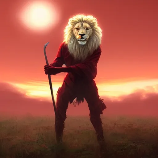 Prompt: commission of a male anthropomorphic albino lion holding a sword under a red sky,digital art,art by greg rutkowski,trevor henderson,ross tran,photorealistic,hyperdetailes,highly realistic,natural lighting,deviantart,artstation,dramatic,cinematic,4k,western comic style