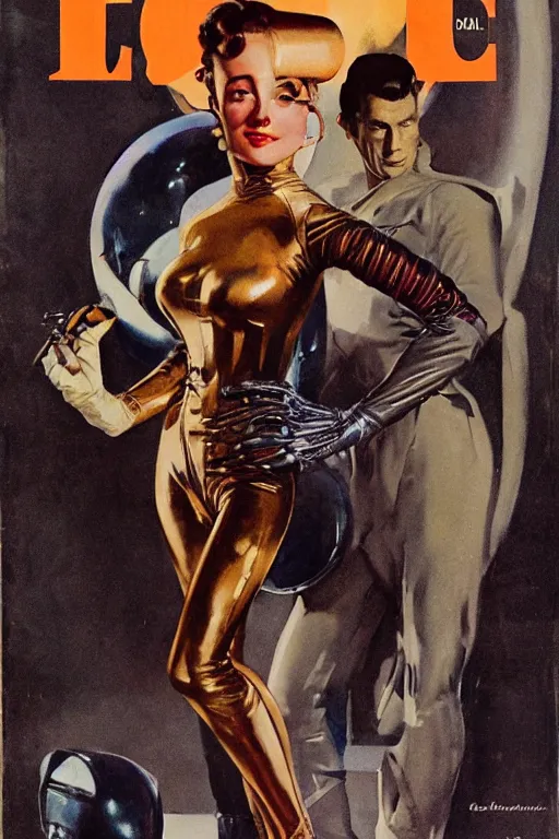 Prompt: 5 0 s pulp scifi fantasy illustration full body portrait elegant woman wearing latex spacesuit with biomech arms, by norman rockwell, roberto ferri, daniel gerhartz, jack kirby, earle bergey, ruan jia, jason fabok, tom lovell, alex malveda, dean cornwell, astounding stories, amazing, fantasy, other worlds