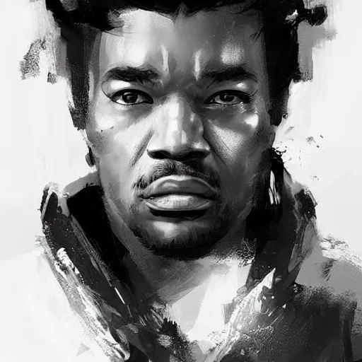 Prompt: a space ship crew member, male, black, brawny, scowl, sci fi character portrait by Ruan Jia