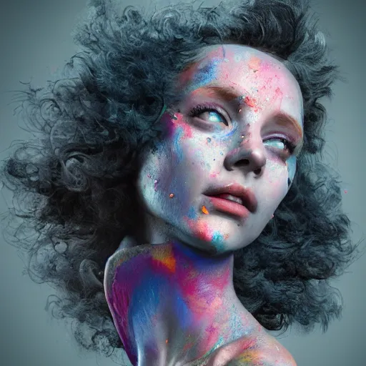 Prompt: women portrait made out of exploding paint, short hair, octane render, highly detailed, realistic, tim burton and bob ross comic book art, matte painting, holographic
