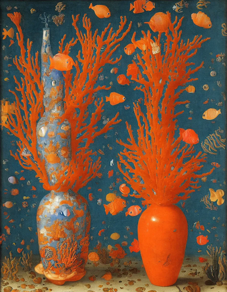 Image similar to bottle vase of coral under the sea decorated with a dense field of stylized scrolls that have opaque outlines enclosing mottled blue washes, with orange shells and purple fishes, ambrosius bosschaert the elder, oil on canvas, around the edges there are no objects