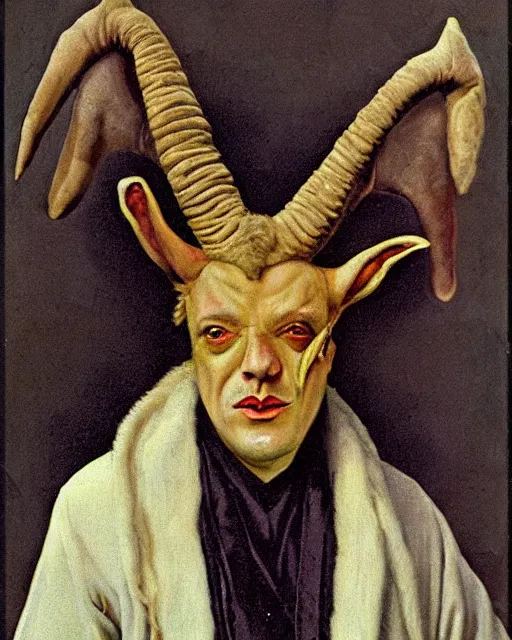 Image similar to aleister crowley as a a satyr goat man, he has long goat ears, multicolored goat fur, goat horns and yellow goat eyes with black horizontal pupils