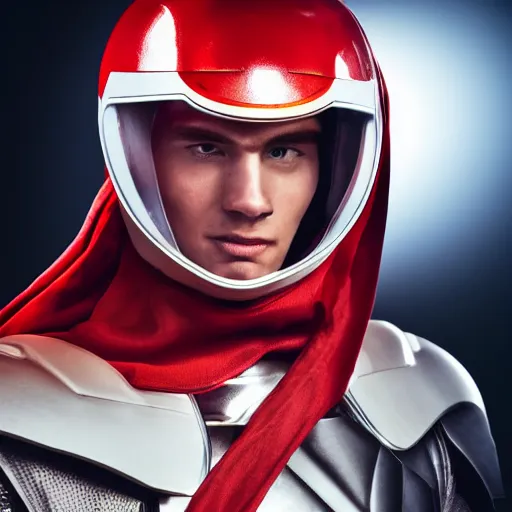 Image similar to headshot of a tall athletic muscular infantry man in glossy sleek white armor with tiny red details and a long red cape, heroic posture, strong jawline, on the surface of mars, night time, dramatic lighting, cinematic, sci-fi, hyperrealistic