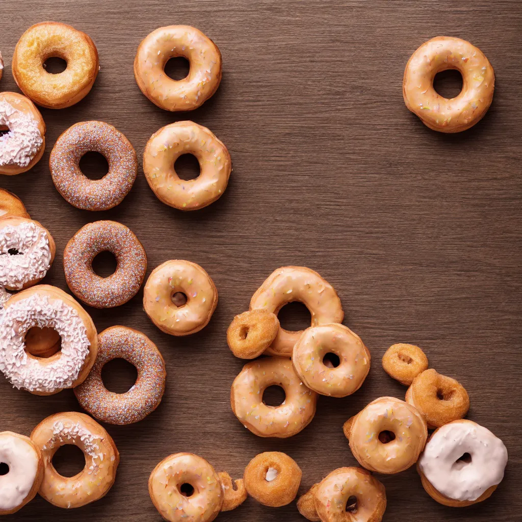 Prompt: top-down view with doughnuts top of a wooden table, wallpaper, 4k, photorealistic
