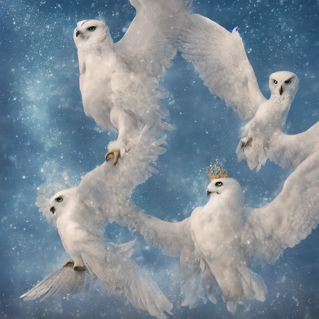 Image similar to legendary snow owl with seven wings and a golden tiara, pastel gradient background, striking blue eyes, octane render, dramatic, depth of field