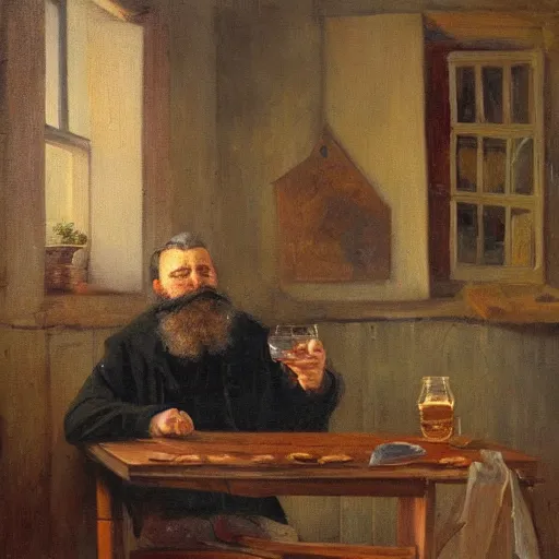 Prompt: oil painting of a man with a beard sitting a table in an old wooden house drinking whisky, bread visible on the table, detailes