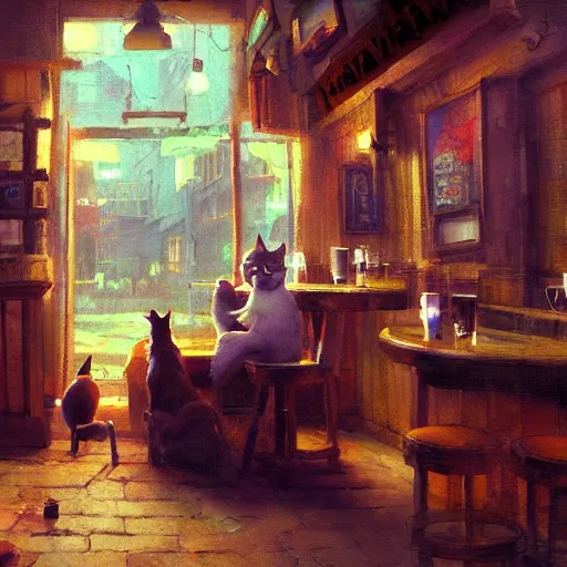 Image similar to a cat in a pub with beer, painting by craig mullins, octane rendering, soft morning lighting, wide angle lens, in the style of hayao miyazaki, trending on artstation,