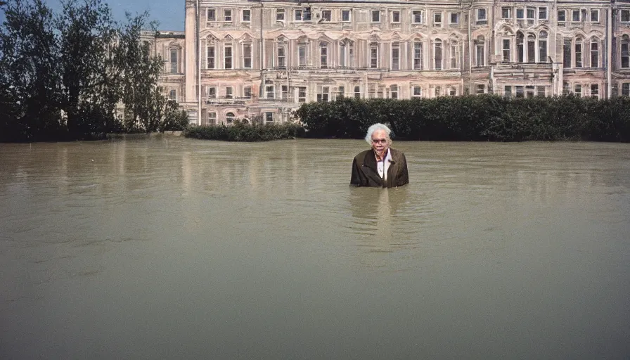 Image similar to 7 0 s movie still of an old manstanding in a soviet stalinist style palace flooded in mud, cinestill 8 0 0 t 3 5 mm eastmancolor, heavy grain, high quality, high detail