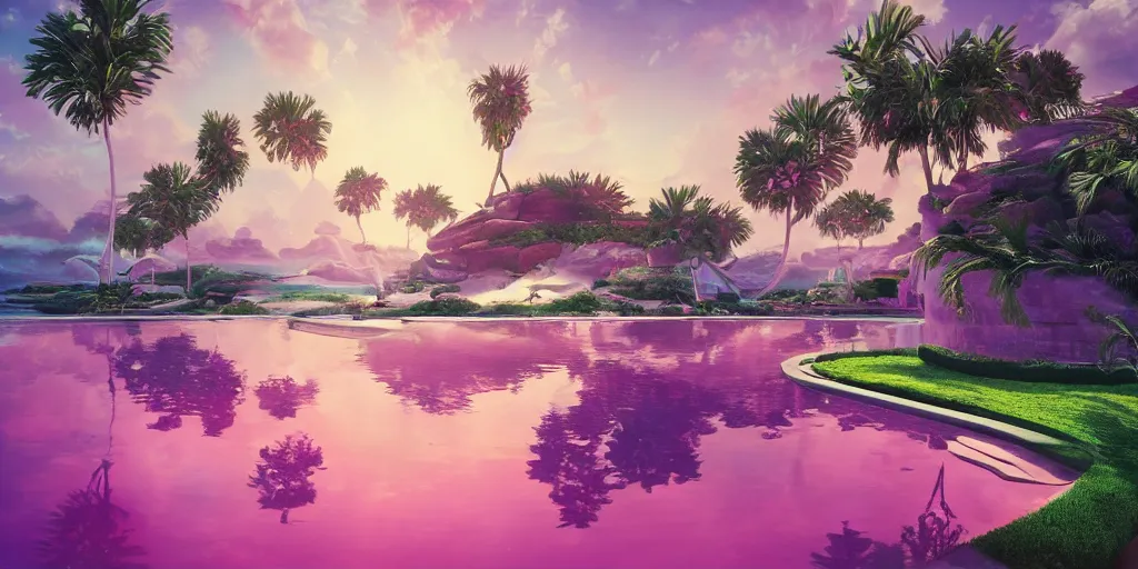 Prompt: Beeple masterpiece, hyperrealistic surrealism, award winning masterpiece with incredible details, epic stunning, infinity pool, a surreal vaporwave liminal space, highly detailed, trending on ArtStation, calming, meditative, pink arches, palm trees, very vaporwave, very very surreal, sharp details, dreamscape, giant head statue ruins