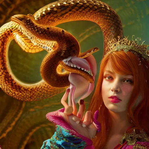 Prompt: portrait of fairy princess biting off the head of a snake, beautiful, attractive, glowing, ornate and intricate, jaw dropping, dynamic lighting, colorful, fairy tale, intricate and detailed, 4 k octane render