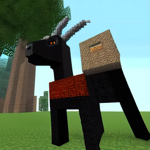 Image similar to an anthropomorphic black goat wizard in minecraft, screenshot