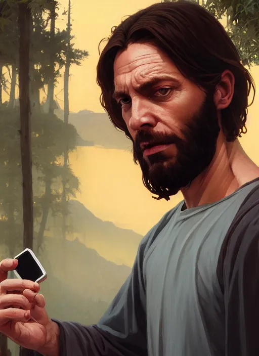 Prompt: Highly detailed portrait of jesus christ taking a selfie with an iphone, in GTA V, Stephen Bliss, unreal engine, fantasy art by Greg Rutkowski, Loish, Rhads, ferdinand knab, Makoto Shinkai and Lois van baarle, ilya kuvshinov, rossdraws, Tom Bagshaw, alphonse mucha, global illumination, radiant light, detailed and intricate environment