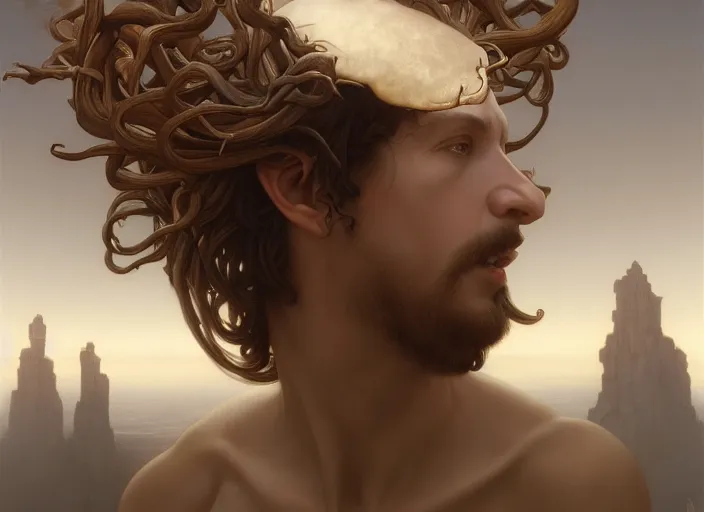 Image similar to second coming of jesus christ, detailed face, peter mohrbacher, michael whelan, William-Adolphe Bouguereau, Michael Cheval, kay sage, digital art, airbrush, art nouveau, intricate, clear, looming, epic, depth, artstation, highly detailed, blender, Unreal Engine, octane render, vray, 8k