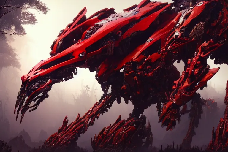 Prompt: a hyper detailed red fanghorn evangelion realistic mechanical and organic creature similar look as horizon forbidden west horizon zero dawn, bioluminiscence in a dark deep forest at dawn in spring, with reflection and textures, by kilian eng, substance painter reaslitic mech surface metal painted scratches,